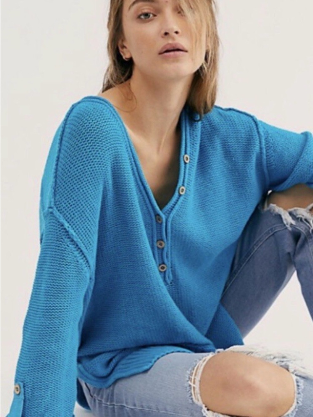 Free People Blue V-Neck Button Knit Sweater - Women